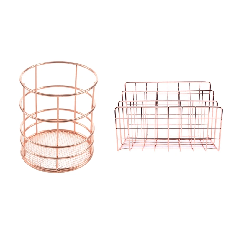 

Rose Gold Wire Net Pencil Holder Round Iron Mesh Pen Cup With Desktop Mail Organizer, 3-Slot Metal Wire Mail Sorter
