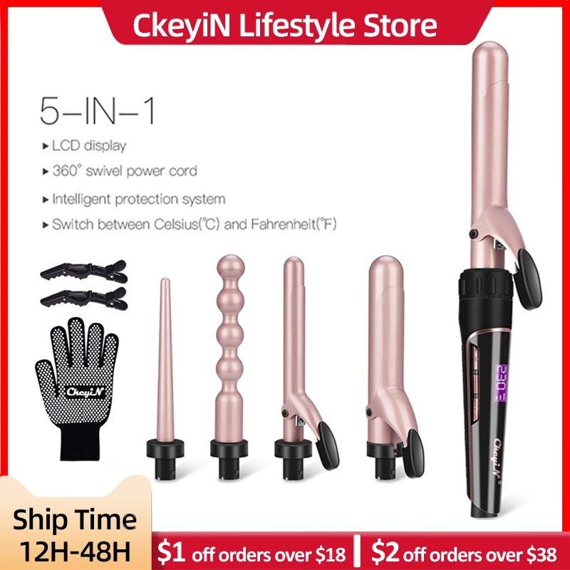 CkeyiN 5 in1 Hair Curling Iron Wand Ceramic Professional Salon Interchangeable Barrels Hair Curler Deep Wave Styling Tools