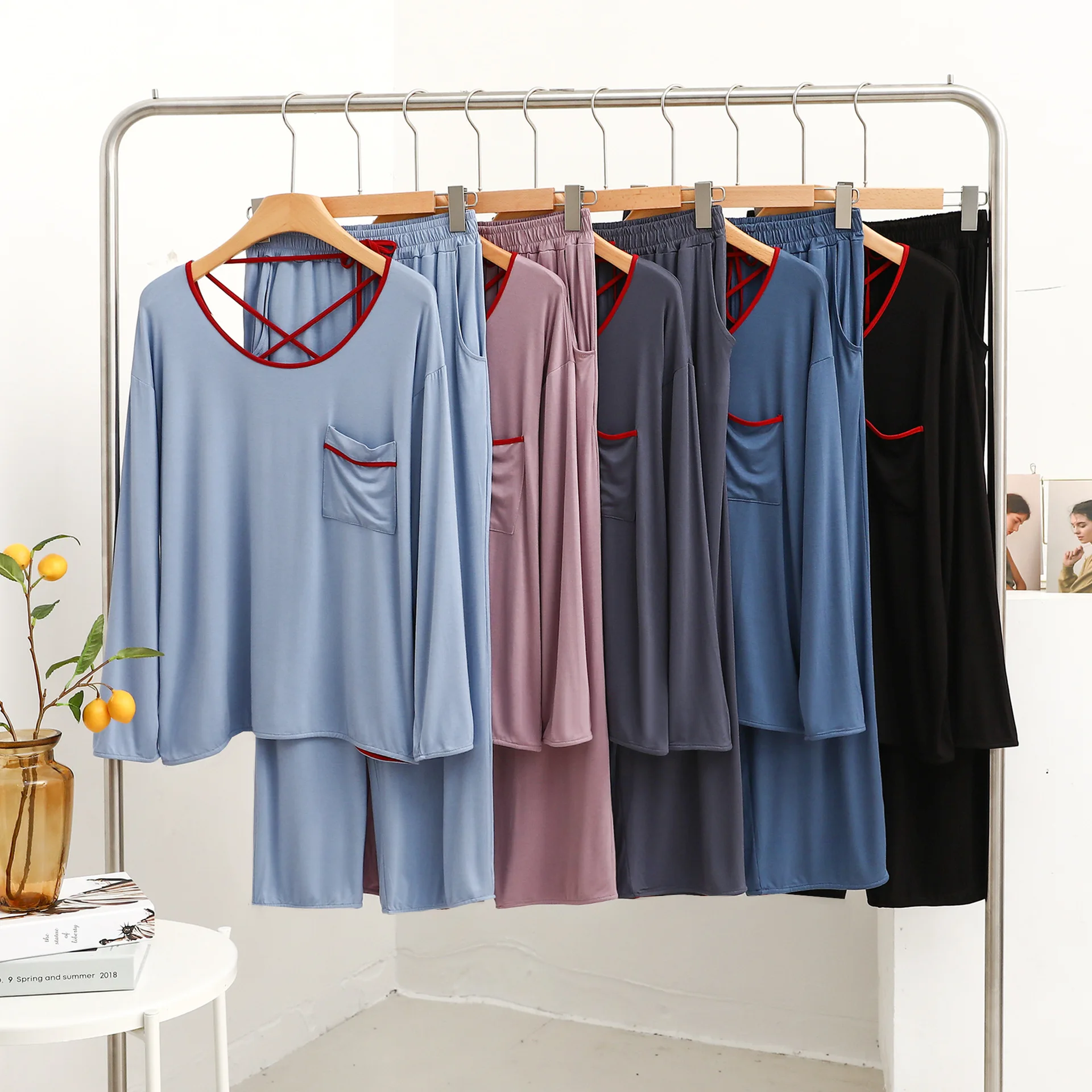 Spring Women Pajamas Set Modal Tracksuit Round Neck Beautiful Back Long Sleeve Pantsuits Red Hemming Loose Casual Outfit 2 Piece