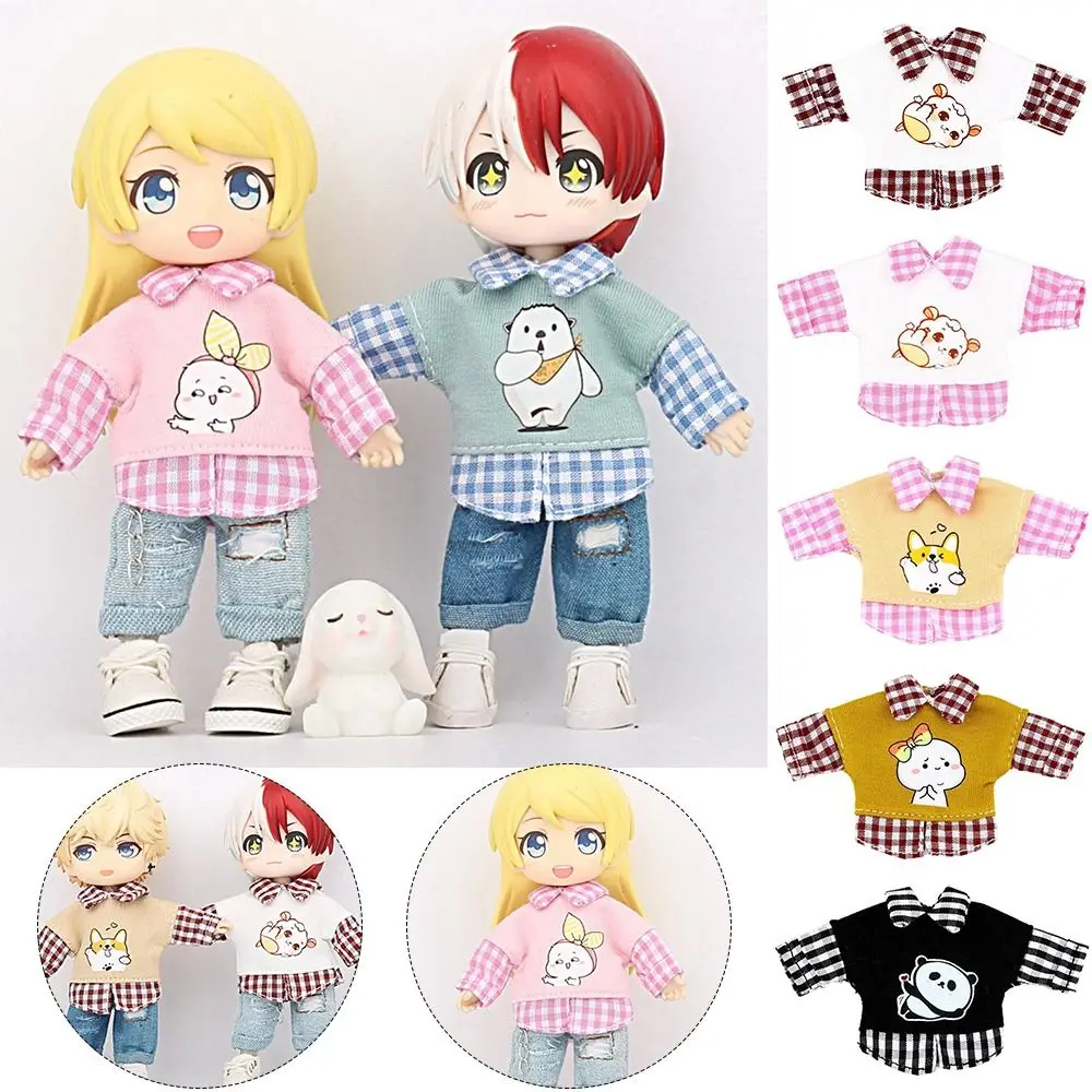 

Аксессуары для кукол 1/12, модная клетчатая футболка BJD с мультяшным принтом, футболка с длинным рукавом