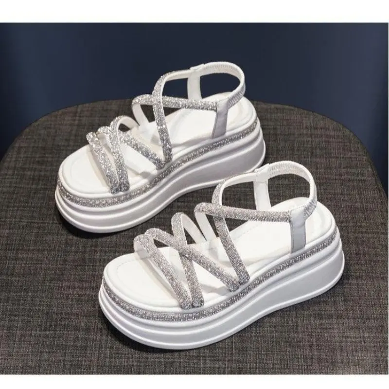 Rhinestone Sandals 2023 Summer Clear Heels Female Shoe Med Mid-Calf Strap Girls Medium Beige New Comfort Gladiator Beach Fashion