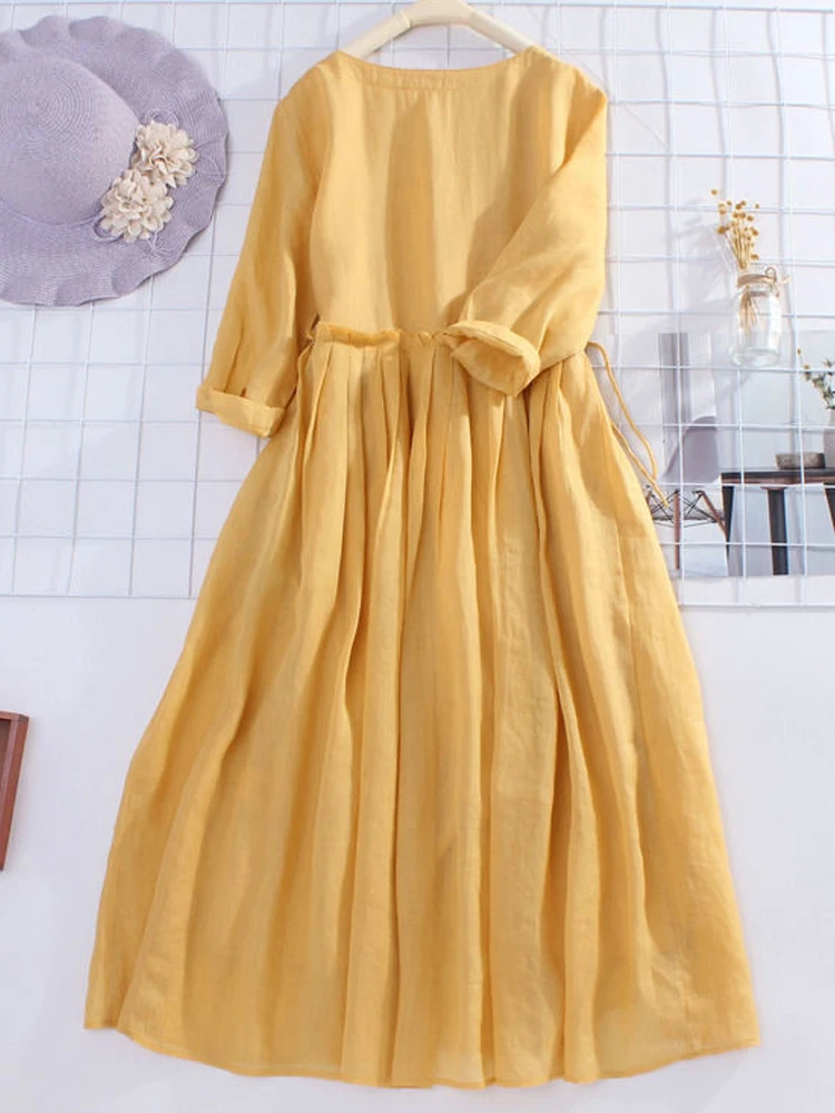 Женское Хлопковое платье-рубашка средней длины с длинным рукавом и круглым