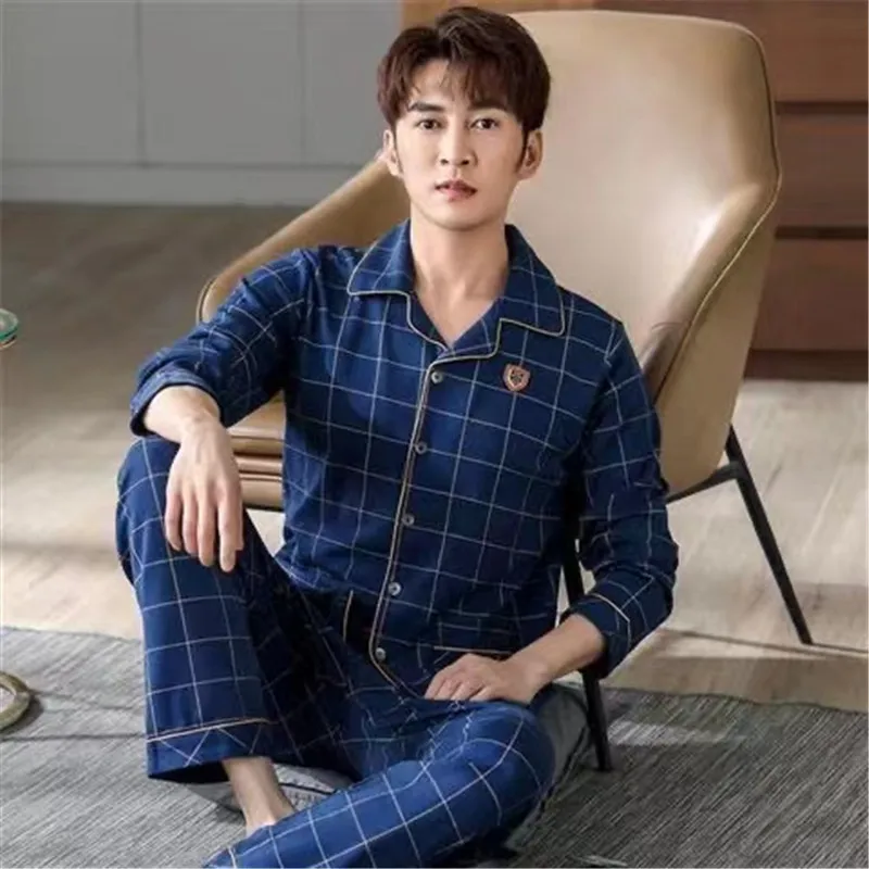 Autumn Men's Pure Cotton Pajamas Sets Plus Size L-4XL  Sleepwear Casual Sleep&Lounge Long Sleeve Long Pants Pyjamas Homewear