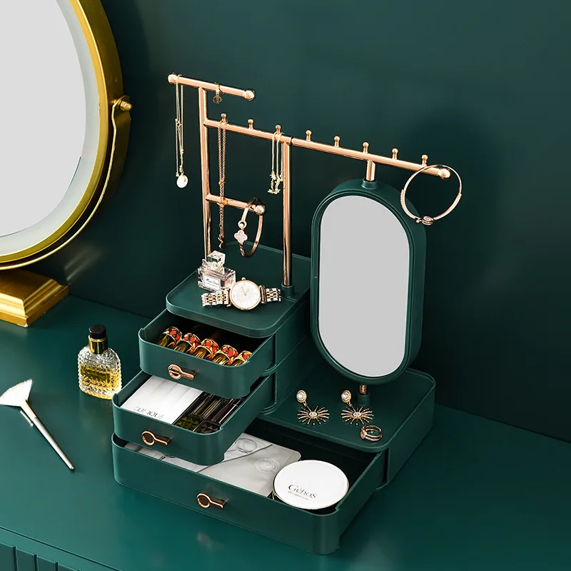 Premium Jewelry Storage Box Big Cosmetics Ring Display Stand with Mirror Earring Organizer Necklace Holder