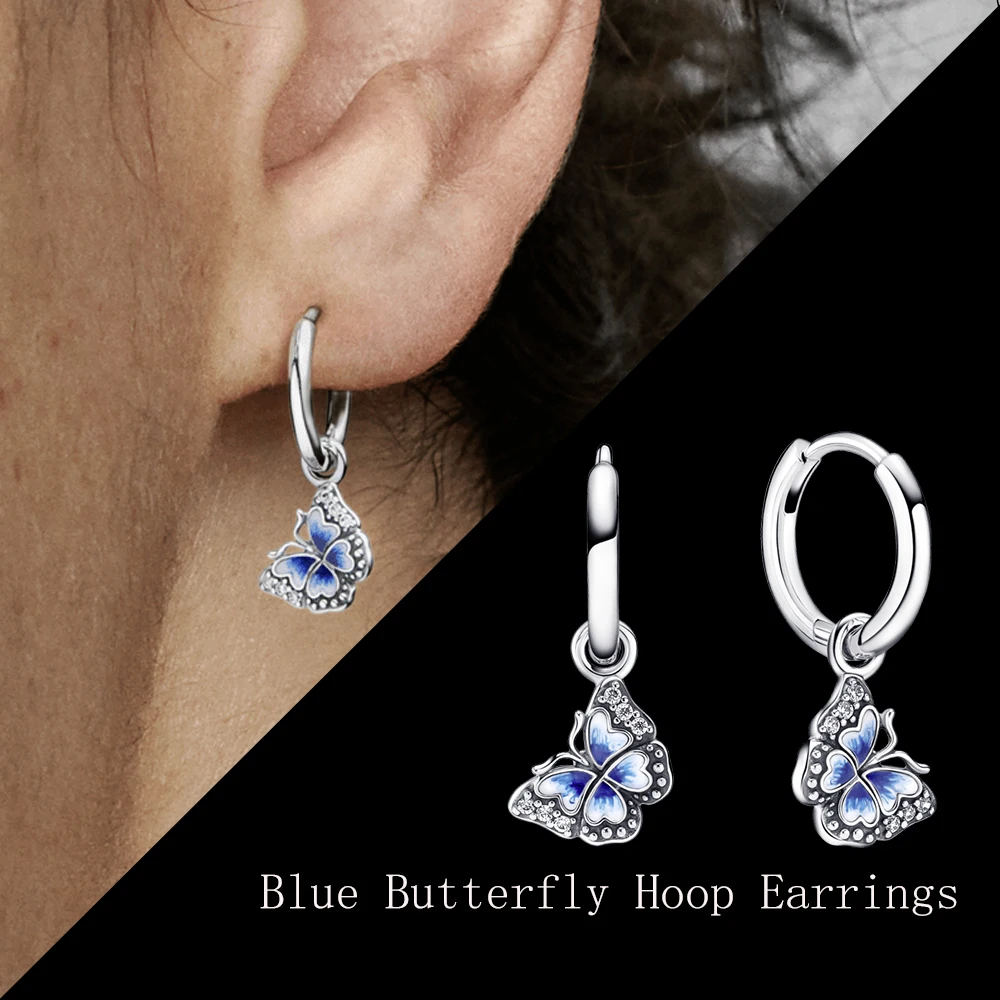 

Luxury Brand Women Designer Jewelry 2022 Trend Wholesale Silver Ear Piercing Stud Earrings Pairl Blue Butterfly Hoop Earrings