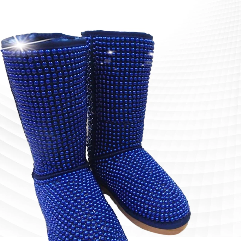 

Leg-length boots handmade custom pearl rhinestone fur snow boots warm plus velvet large size women's boots 35-44