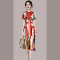 womens summer new french retro high end temperament lapel short sleeve rainbow stripe print high waist holiday fashion dress
