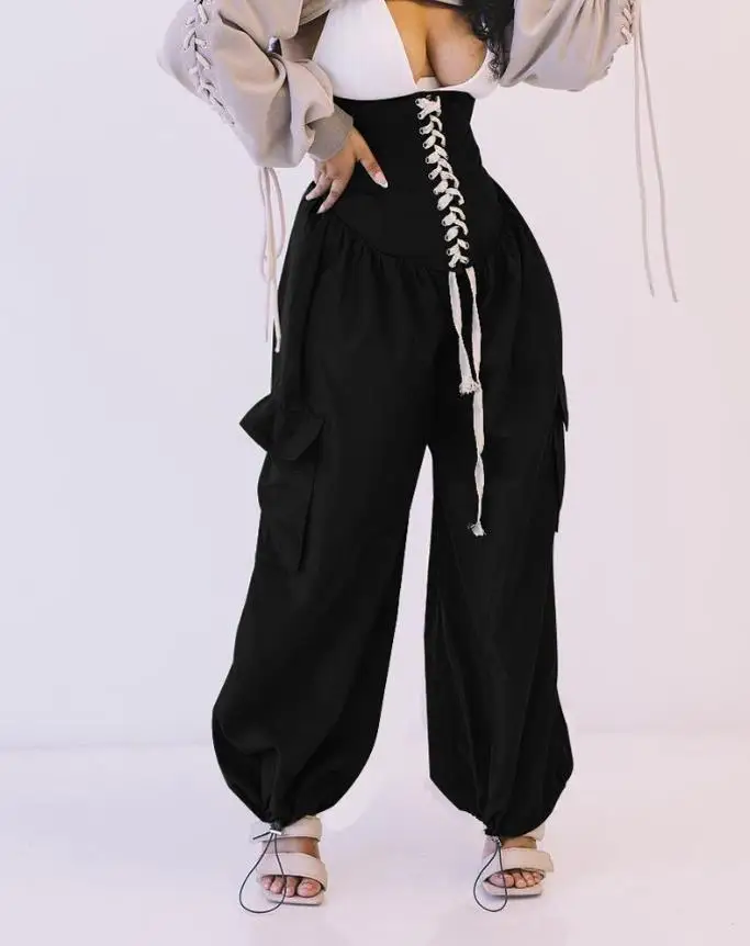 

Women's Pants Grommet Eyelet Lace-Up Corset Casual Pocket Design High Waist Plain Long Pants 2022 Summer Latest Fashion