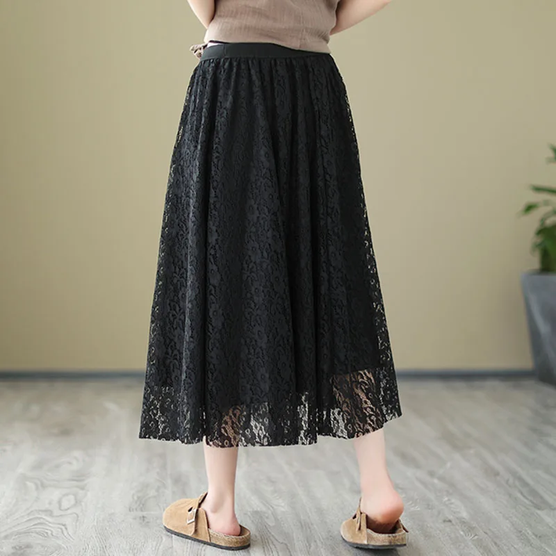 Женская летняя Свободная юбка трапециевидная длинная ажурная Двухслойная с