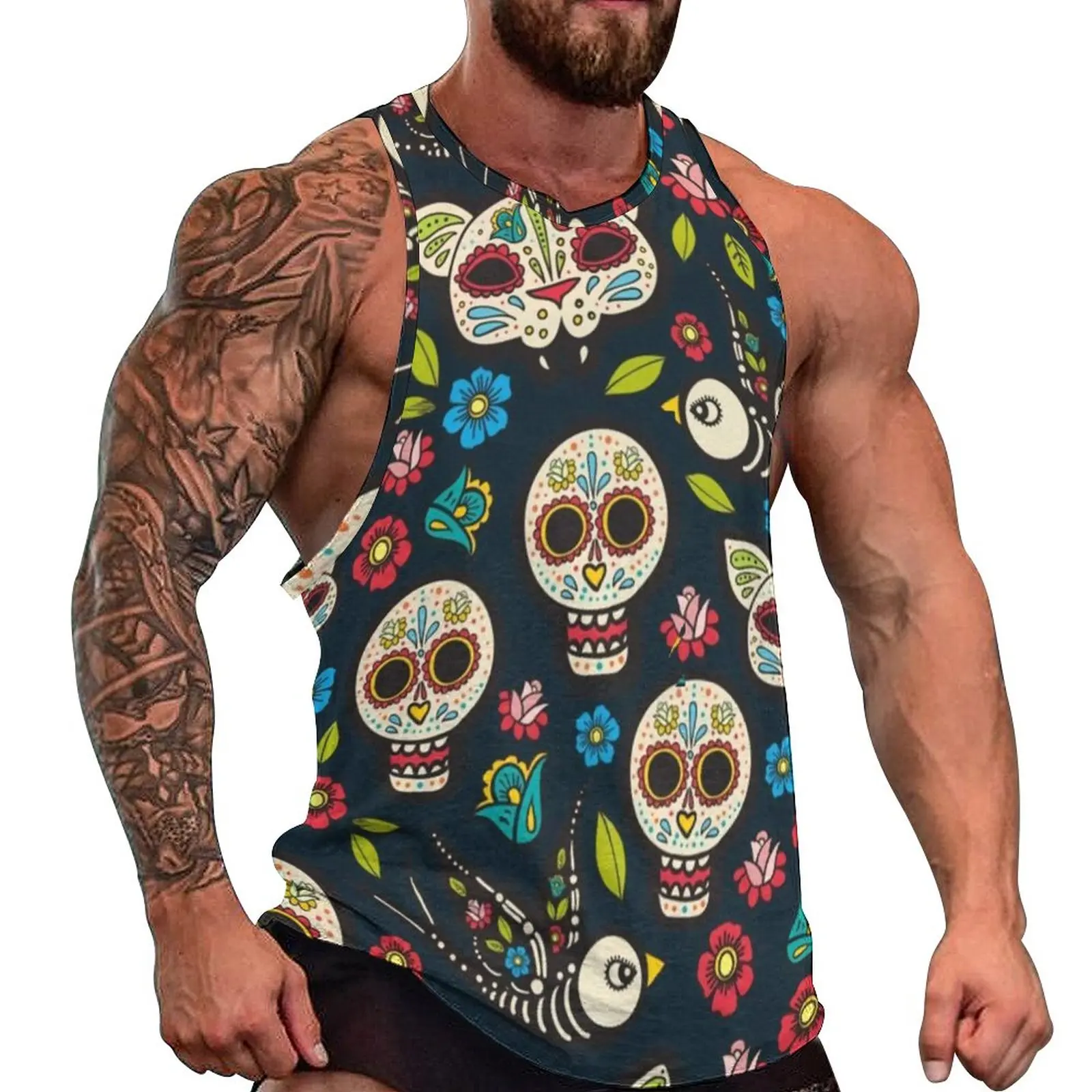 

Vintage Skeleton Tank Top Man's Holiday in Mexico Floral Pinrt Muscle Tops Summer Workout Design Sleeveless Shirts Big Size 5XL