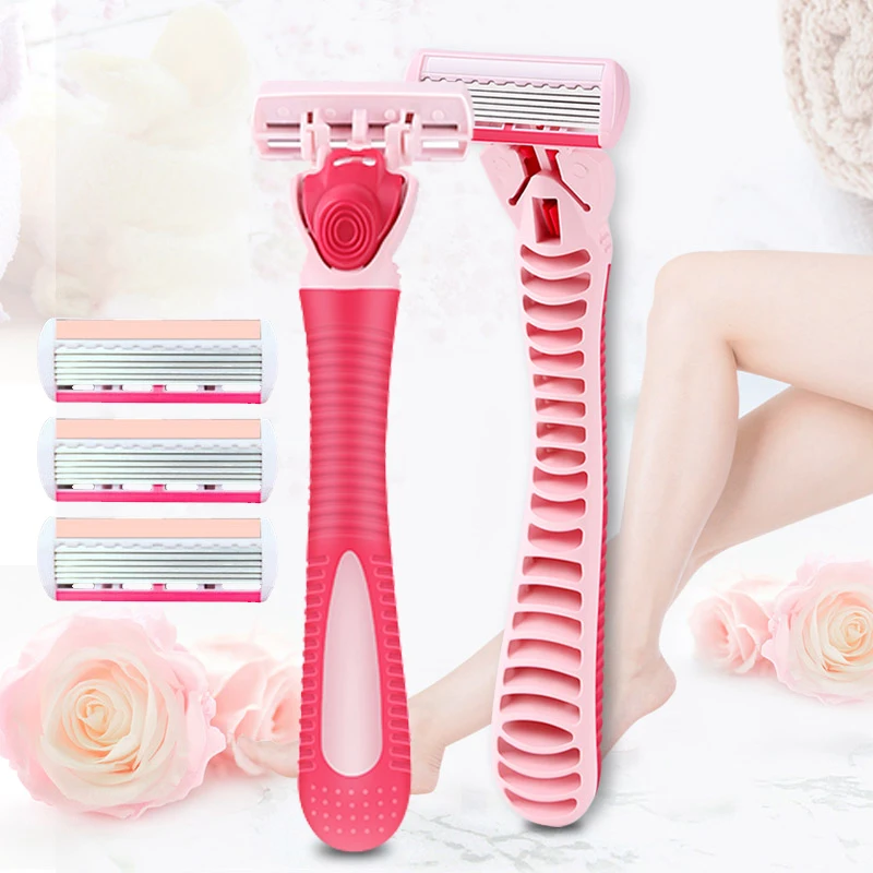 

Manual Razor Women Razors Blade Shaving Hair Safety Lady Razor with Head 3 Layers Blade Lubricating Strip 1 Handle 4 Blades 1Box