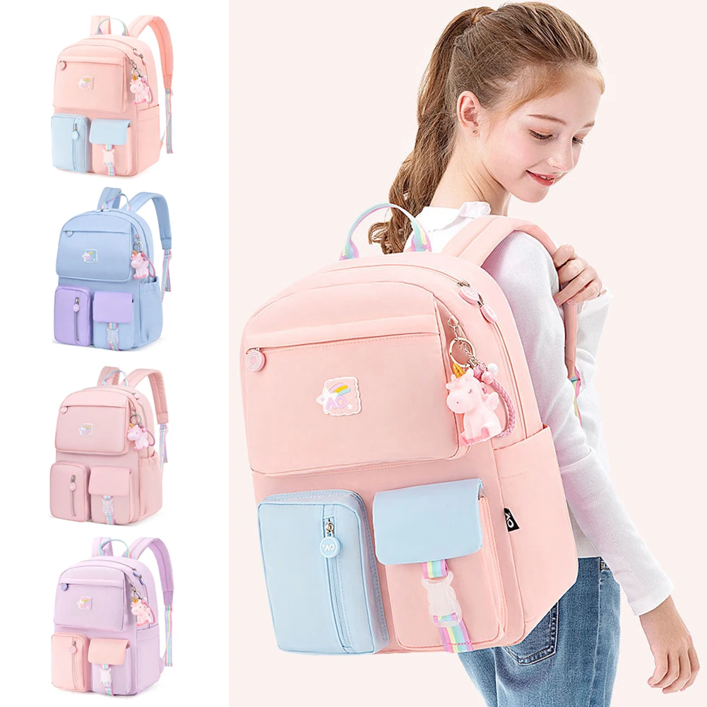 

Student Backpacks Hit Color Middle School Girl Daypack Rucksack with Pendant