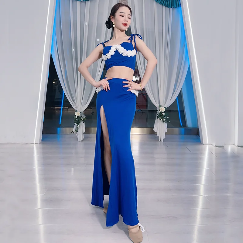 

Belly Dance Clothing Set Women's Oriental Training Suit Professional Belly Lace Up Top Colored Split Long Dress Set Clothing
