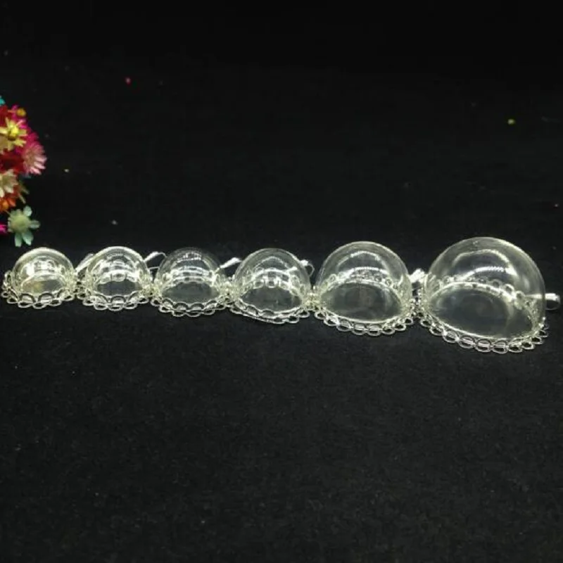 

300ets/lot mix size Glass dome silver double lace base tray connector diy glass vials pendant cover jewelry necklace accessories