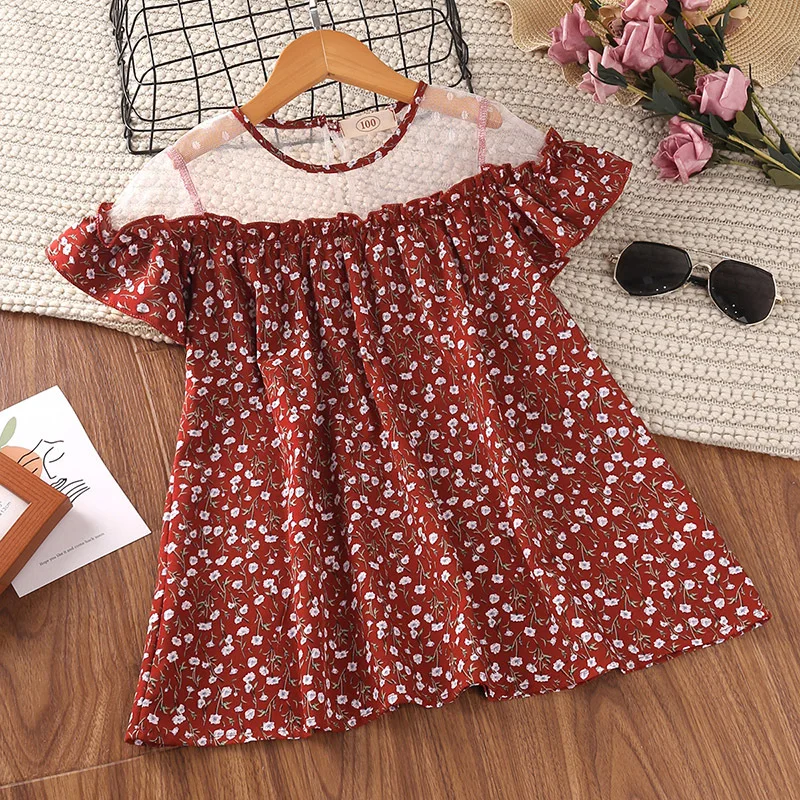 

Summer 2023 New Arrivals Girls Short Sleeve O Neck Mesh Floral Red Roupa Infantil Menina Cute Party Dress Custume 18M-6T