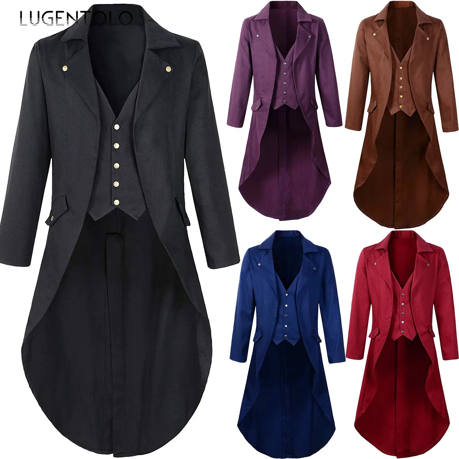 

Lugentolo Men Steampunk Medieval Jacket Tuexdo Medieval Victorian Cosplay Costumes Single Breast Gentleman Vinatge Tailcoat Coat