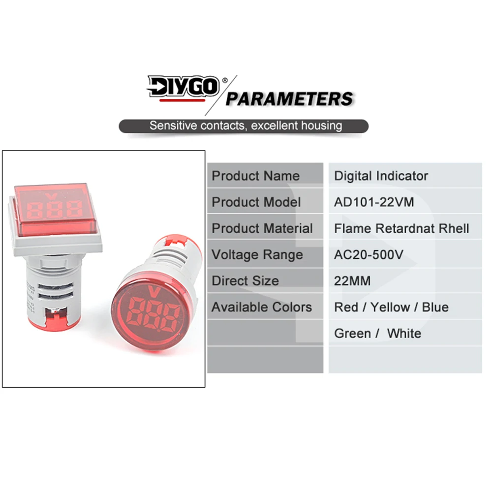 22 мм круглый/квадратный тип мини-цифровой вольтметр переменного тока 20-500 В вольт