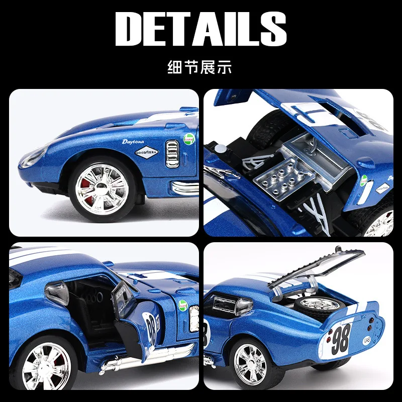 Фото Модель спортивного автомобиля Cobra 427 Daytona Coupe из сплава, масштаб 1:32, со звуком и светом, ретро-модель, украшение для рабочего стола, игрушка для мальчика, подарок №5