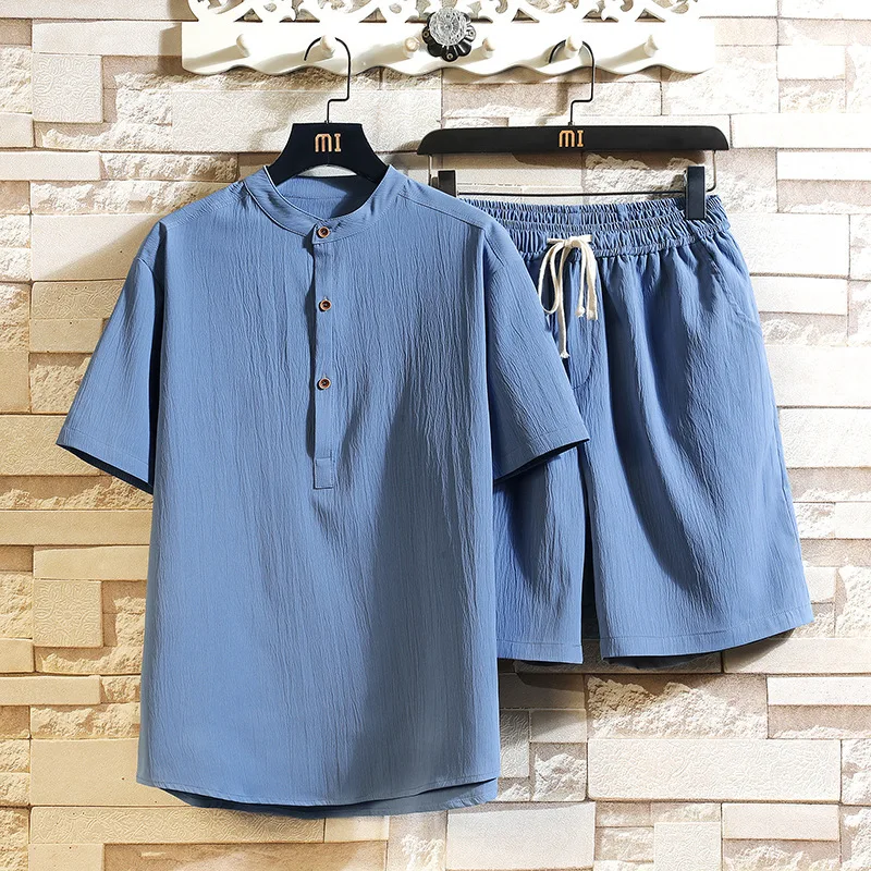 2023 Men's Cotton Linen Casual Two-piece Sets Summer New Stand-up Collar Retro Short-sleeved Set Fashion Solid Color Suit S-5XL