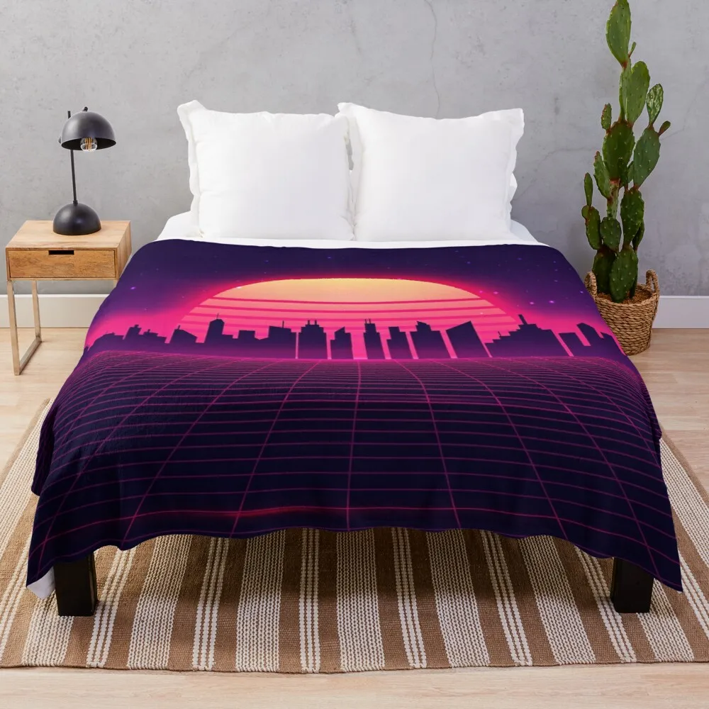 

Retro Vaporwave City Skyline Throw Blanket Furry Blanket Comfort Recieving Blankets Flannel Blanket