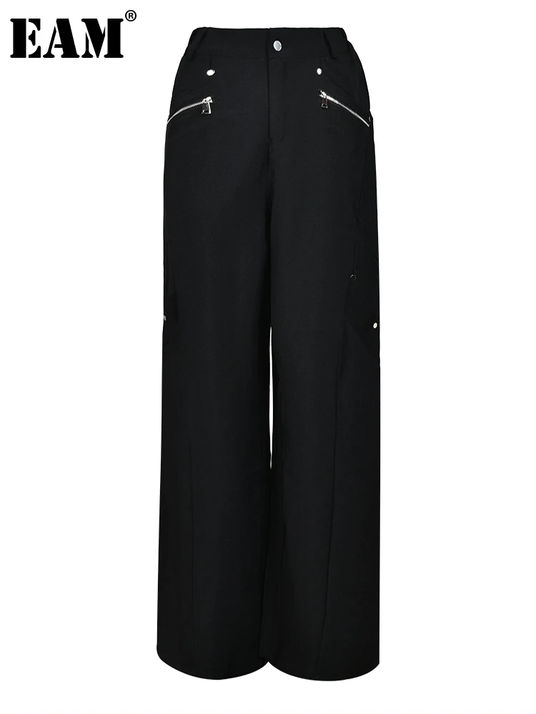 

[EAM] Черные повседневные брюки с высокой эластичной талией на молнии, с широкими штанинами, новые свободные женские брюки, модные весенне-осенние 2023 1DH1547