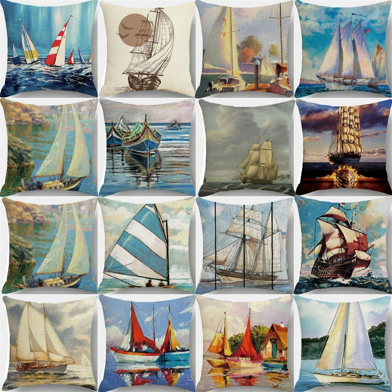 

Watercolor Ocean Sailboat Pillowcases Great Nautical Oil Painting Cushion Cover Blue Sea Element Pillowslip Sofa Home Decorative
