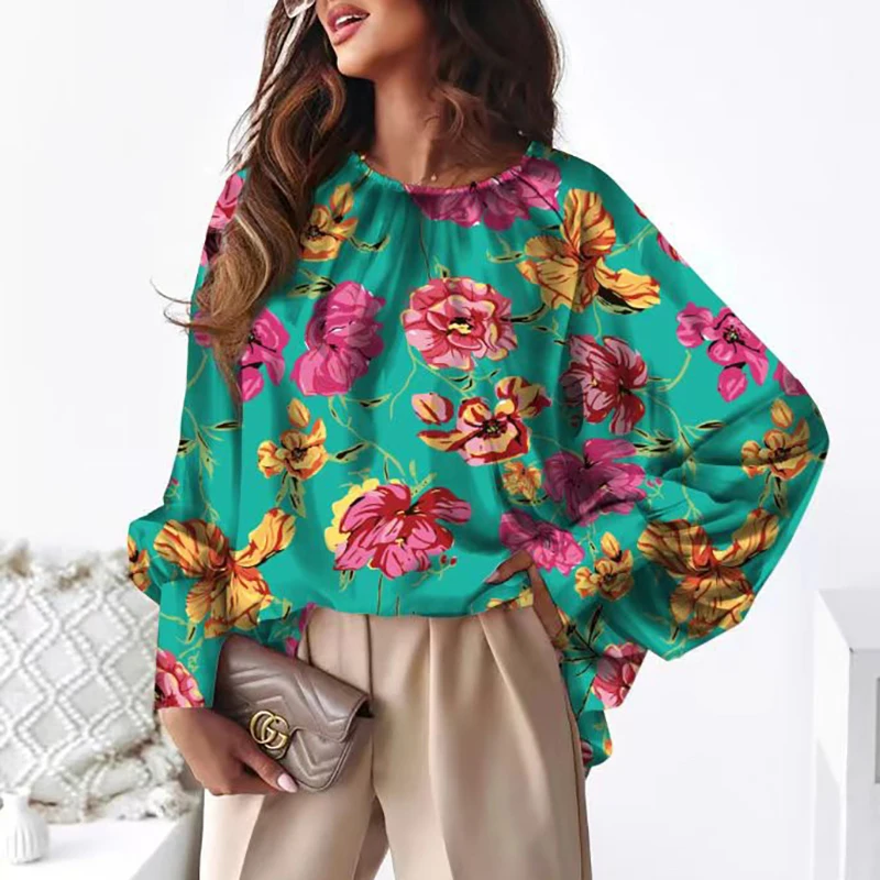 

Early Autumn New Women's Fashion Batwing Long Sleeves Loose Pullovers Casual Printed O Neck Elegant Commute Ladies Daily Blouses