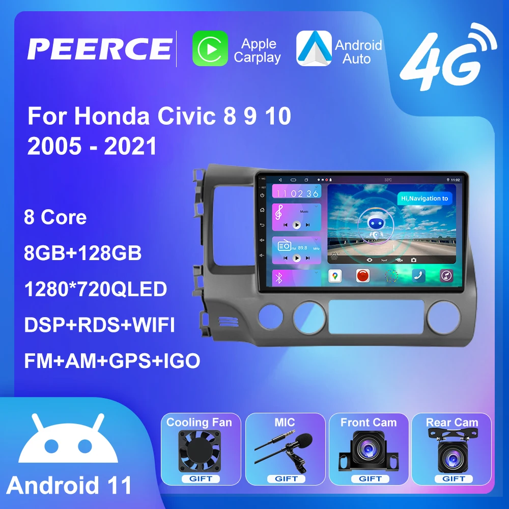 

Мультимедийный автомобильный видеоплеер PEEREC, 6 ГБ + 128 ГБ, для Honda Civic 8, 9, 10, 2005-2021, Android радио, 2 Din, 4G, Wi-Fi, GPS-навигация, BT