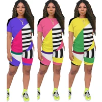 gl6263 womens casual two piece summer fashion geometric striped contrast color short sleeve t shirt jogging shorts set