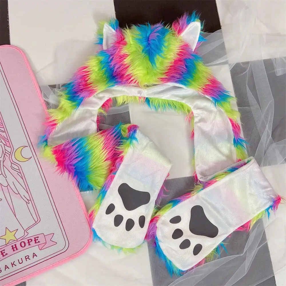 Фото Y2K милый японский стиль Харадзюку Радужный мех искусственный мех с капюшоном кошка Искусственный шарф перчатки женские зимние перчатки №3