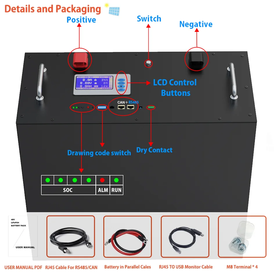 48V 200Ah 100Ah LiFePO4 Battery Pack 51.2V 10Kw 6000 Cycles PC Monitor Max 32 Parallel 16S 200A BMS Inverter Lithium Ion Battery