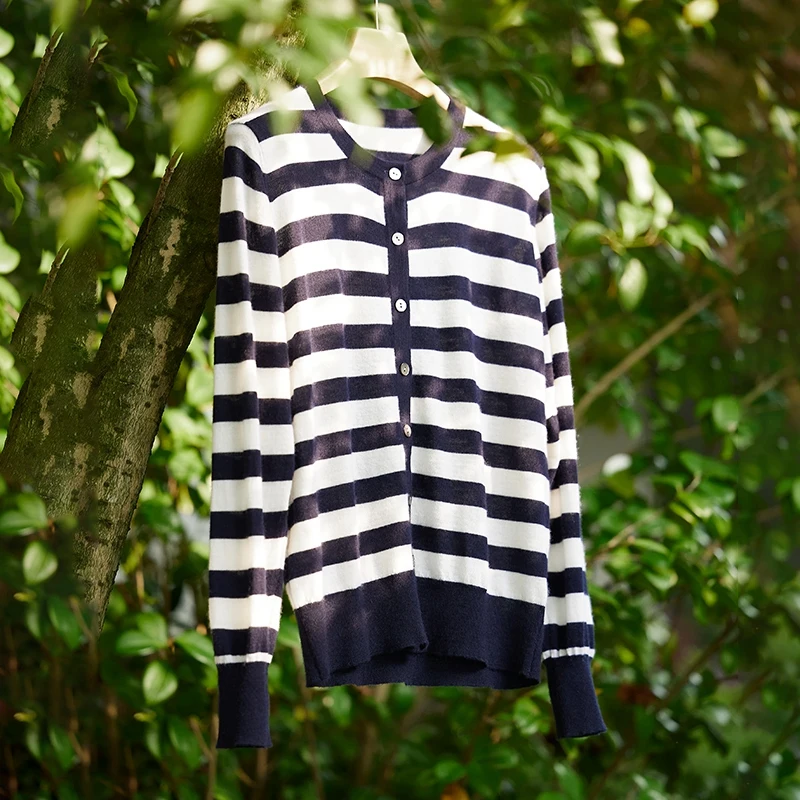 

68 ultra-thin worsted 100% cashmere striped round neck cardigan thin coat women's spring and summer sunscreen shirts air-conditi