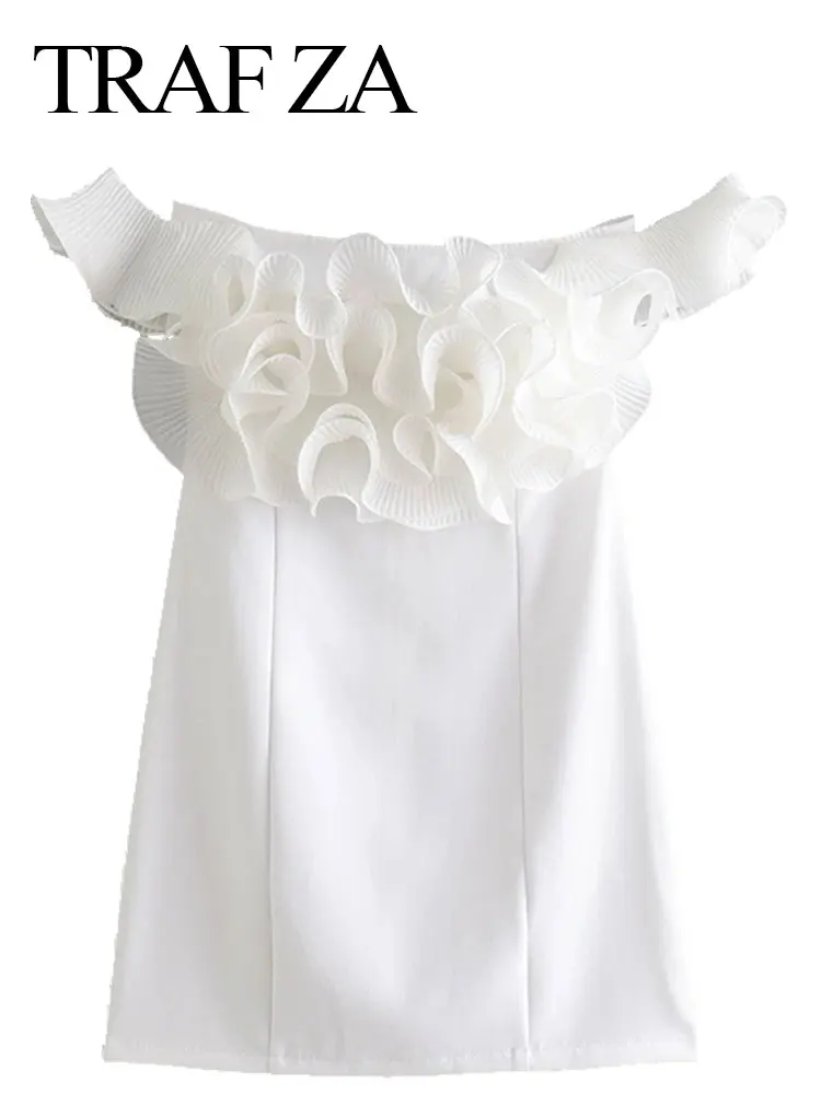 

TRAF ZA Popular Retro Neckline Fungus Side Sling One-Shoulder Women's Dress Fashion Elegant Pure White Tight Mini Lady Dress