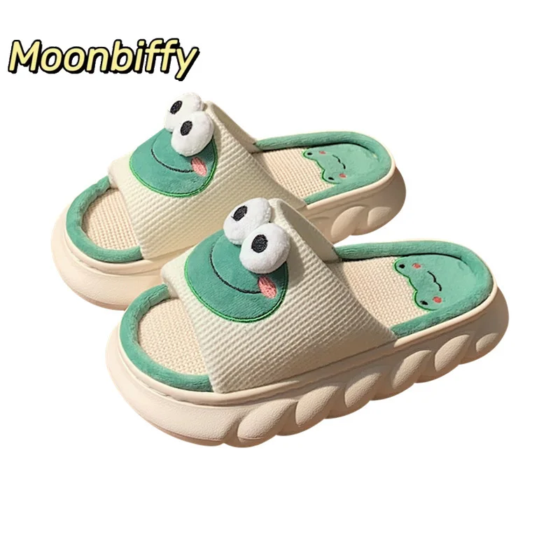 

2022 Lovely Frog Linen Slippers Women Couples Non Slip Thick Soled Spring Summer Cotton Linen Cool Slippers Home Slipper