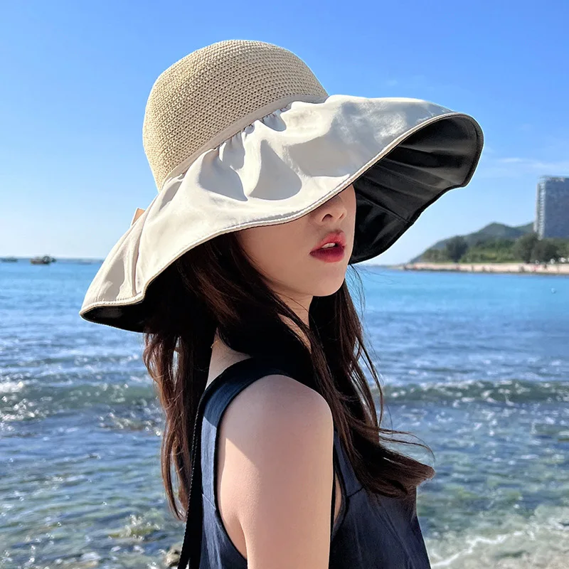 

Dome Wide Brim Vinyl Bucket Hat For Women Fashion Bow Sunhat Female Beach Summer UV Protection Sunscreen Visor Cap Fisherman Hat