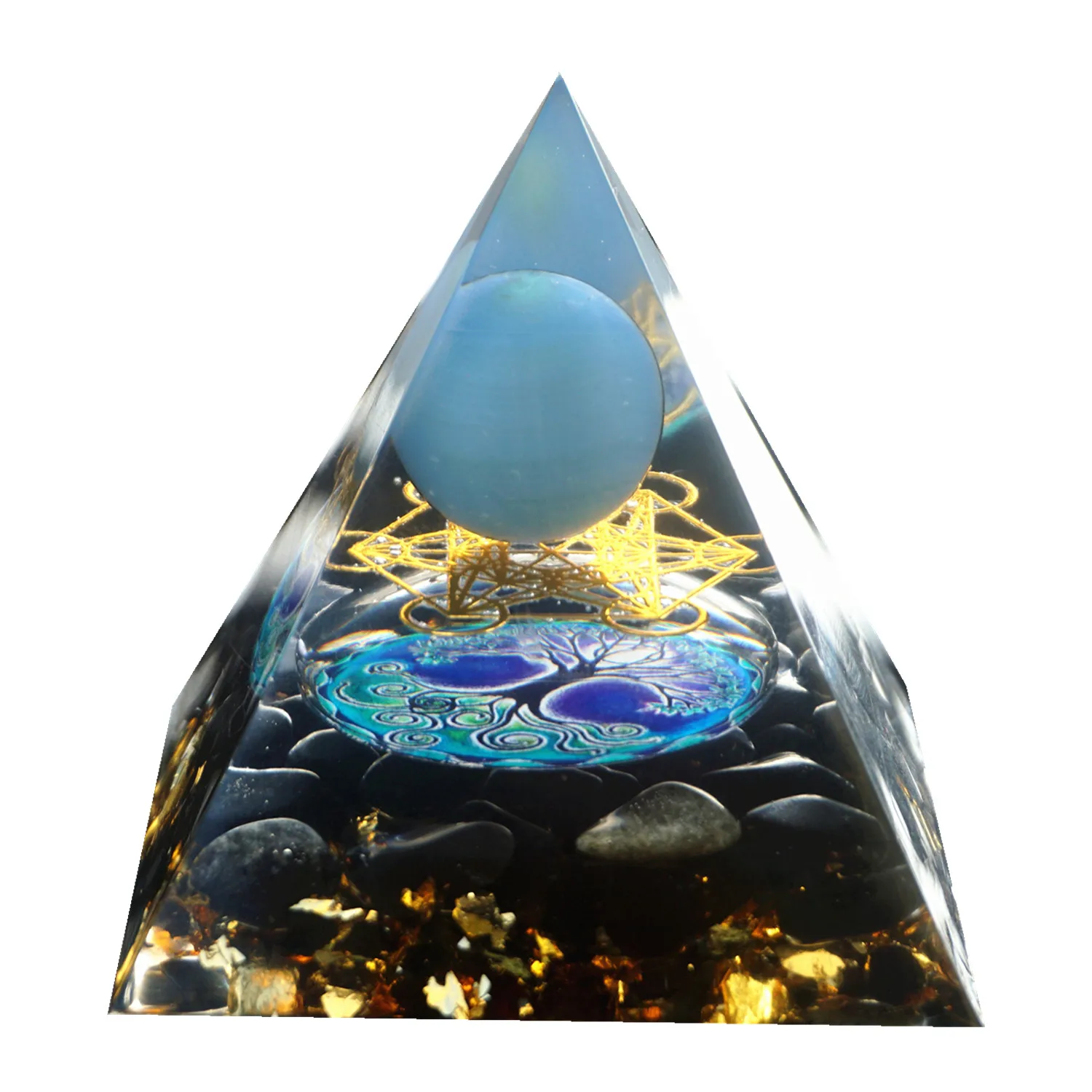 Esfera de ágata de encaje azul hecha a mano, pirámide de orgón de obsidiana, cristal curativo, CHAKRA de energía, orgonita, pirámide