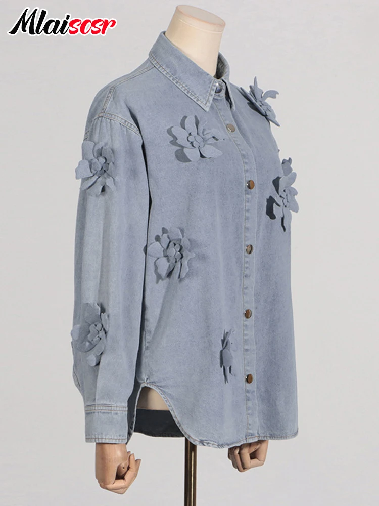 Женская джинсовая куртка Mlaiscsr голубая рубашка с длинными рукавами и лацканами 3D