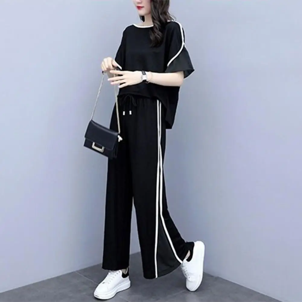 

2Pcs/Set Top Pants Set Mesh Stitching Loose Outfit O-Neck Lines Splicing Top Pants Lady Leisure Outfit Daily Garment