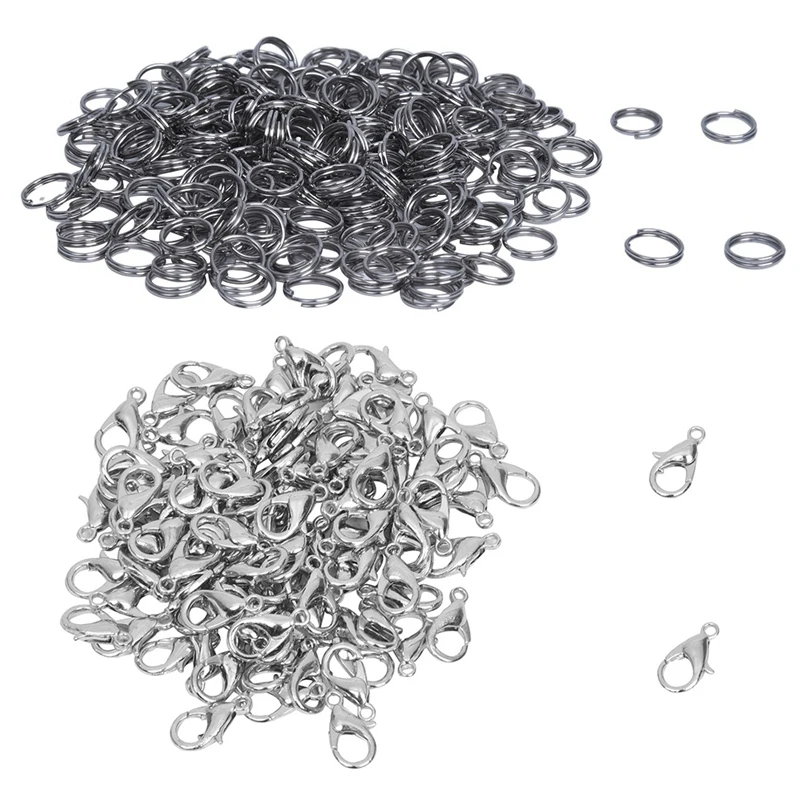 

100 шт. застежка-карабин сплав серебристого цвета 12X6 мм верхняя часть и 250 шт. переходные кольца 5 мм кольца из нержавеющей стали серебристые м...