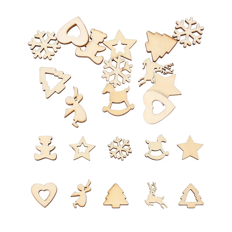 

100Pcs Wooden Shape Snowflakes Mix Christmas Ornaments Pendants New Year Decorations For Home Wedding Party Xmas DIY Gifts Decor