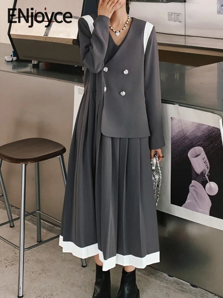 

ENjoyce Spring Fall Women College style Suit Coat Long Dress Ladies Casual Loose Long Sleeve Pleated Skirt Dresses