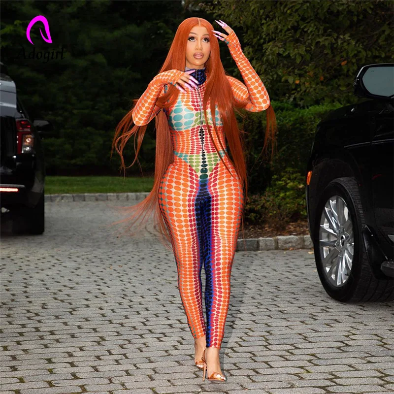 Fitness Women Rompers Polka Dot Long Sleeve Mock Neck Skinny Jumpsuits 2022 Autumn New Sexy Night Club Party One Piece Overalls