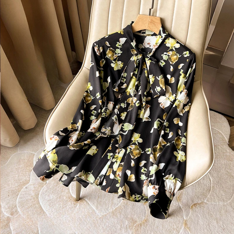 

Silk Women's Shirt Satin New Vintage Blouses Floral Spring/Summer Ladies Clothing Loose Fashion Long Sleeves Bow Printed Tops