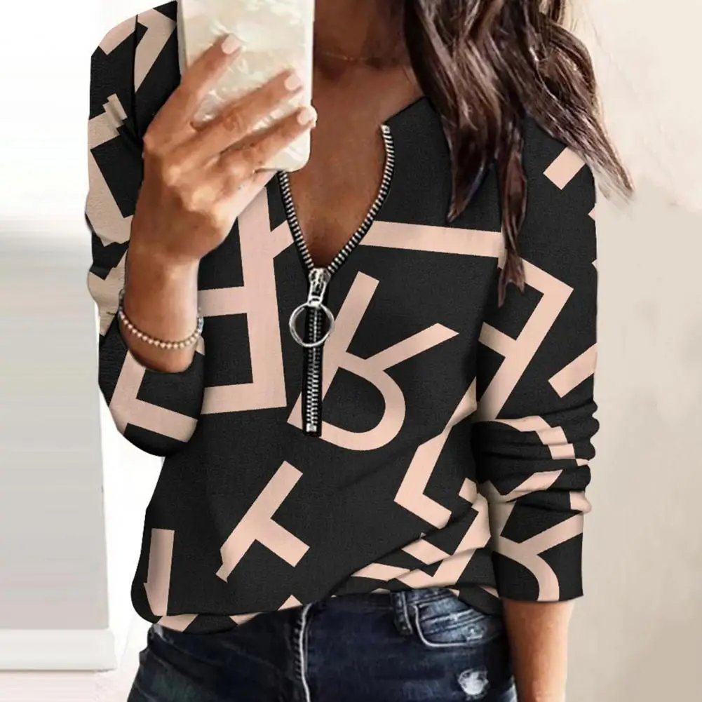 

Women Blouse Half Open Collar Zipper Neckline Long Sleeves Spring Autumn Fashionable Print Pullover Top Daily Clothing