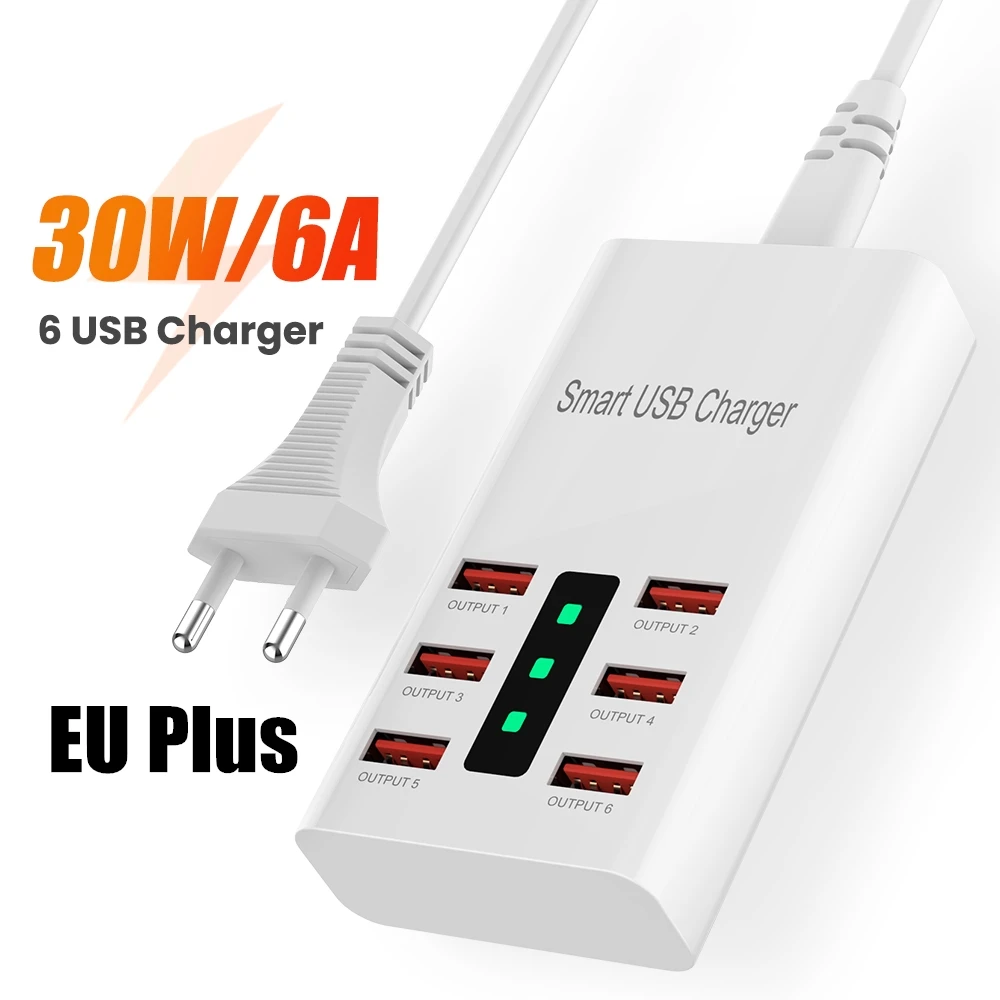 Universal 6 USB Port Fast Phone Charger Travel Wall Power Fast Charging EU US Plug Adapter For iPhone For Samsung Mobile Phones