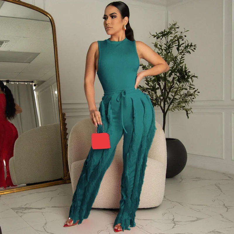 

WUHE Soild Two Piece Set Women Fashion Tank Top and Drawstring Tassel Pants Suit Sexy Party Night Club Outfits Matching Sets