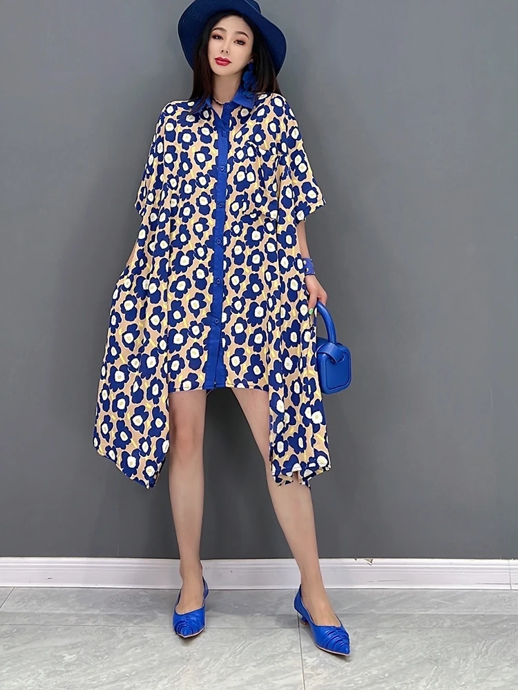 

SuperAen 2022 Summer New Slim Turn Down Collar Shirt Flower Printing Casual A-LINE Knee-Length Dress for Women