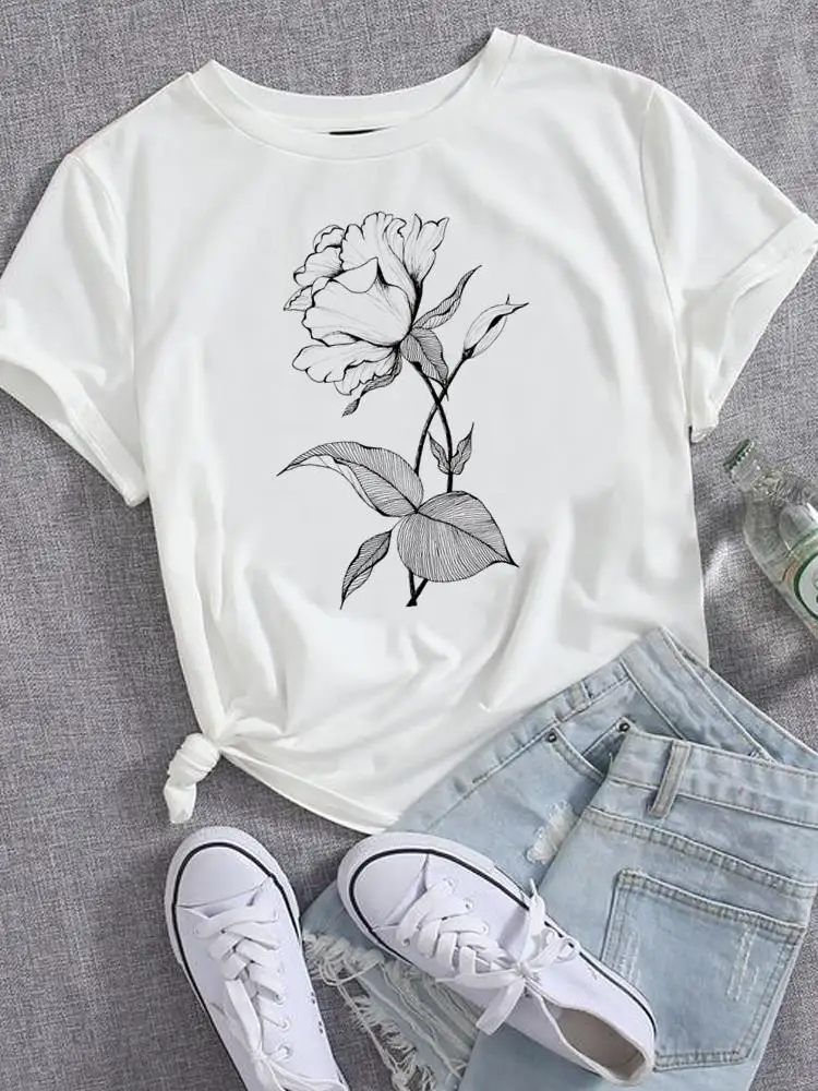 

Flower Sweet Floral Cute Fashion Casual Tee Women Top Short Sleeve Printed T Shirt Clothing Female Clothes Graphic T-shirts