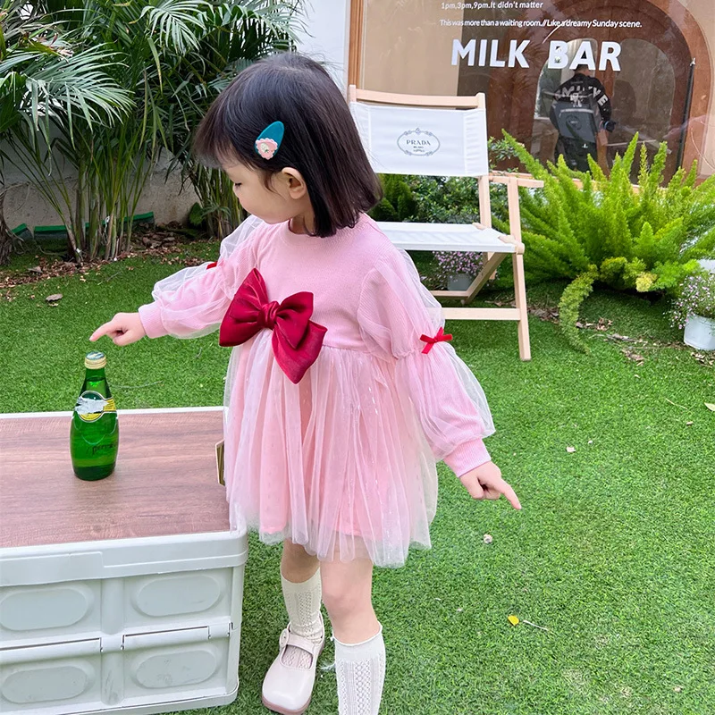 New Kids Bow Mesh Princess Dressss For Girls Spring Girl Dress Child Baby Sweet Princess Dress Designer Dress Baby Girl Clothes