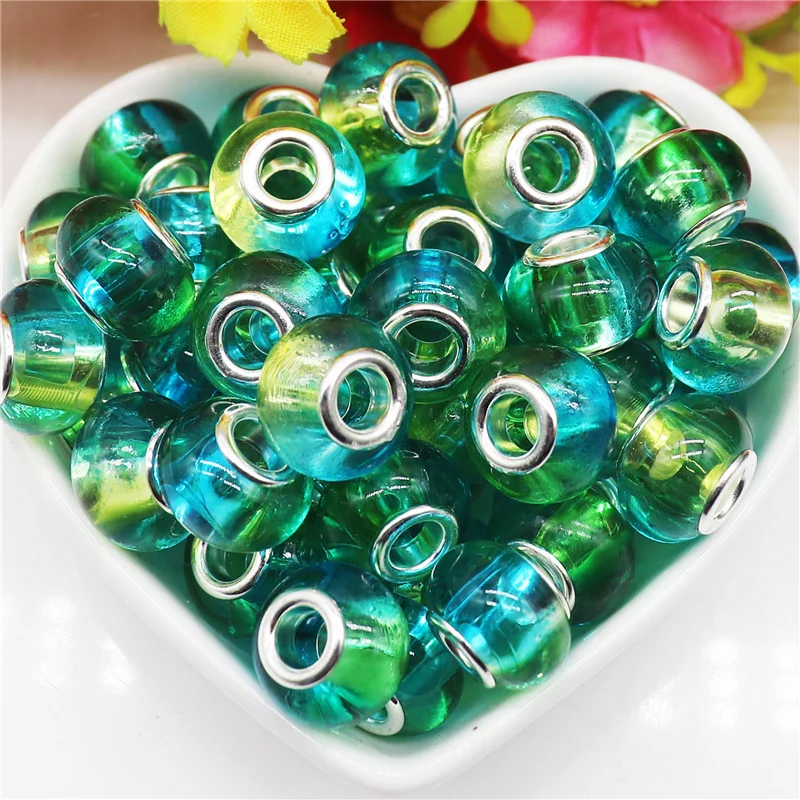 10Pcs 14mm Round Loose Two Color 5mm Big Hole European Beads Charms Rondelle Slide Beads Fit Bracelet Hair Braid  Shoelace Beads
